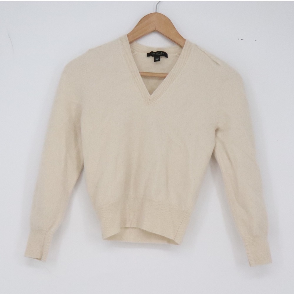 Ann Taylor Cashmere Sweater Womens S V-Neck Cream Long Sleeve Excellent